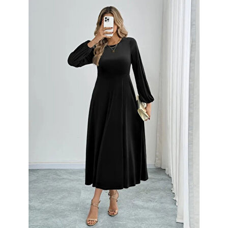 Lucky Life Kadın Uzun Kollu Bisiklet Yaka Midi Kadife Elbise