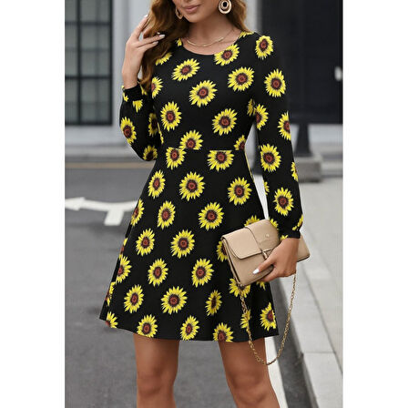 Lucky Life Kadın Uzun Kollu Bisiklet Yaka Desenli Kısa Krep Elbise