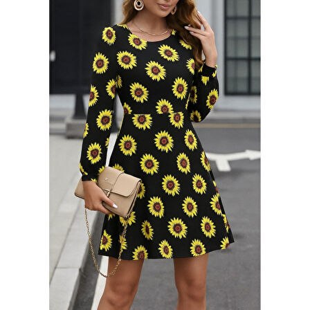 Lucky Life Kadın Uzun Kollu Bisiklet Yaka Desenli Kısa Krep Elbise