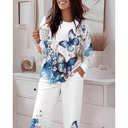 Lucky Life Lucky Life Kadın Uzun Kollu Bisiklet Yaka Kelebek Desenli Iki Iplik Alt üst Takım