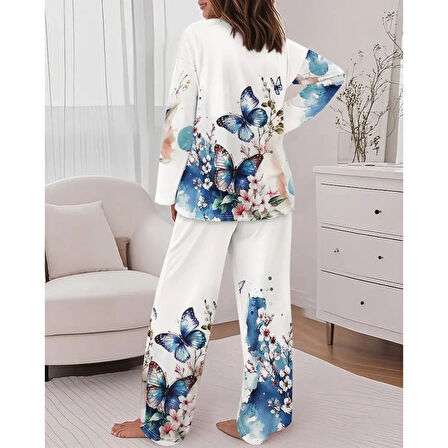 Lucky Life Lucky Life Kadın Uzun Kollu Bisiklet Yaka Kelebek Desenli Iki Iplik Alt üst Takım