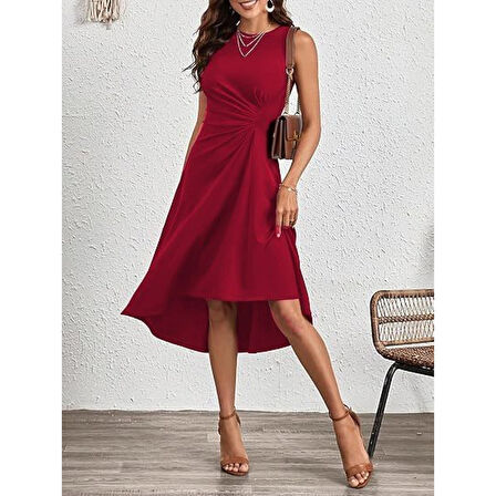 Lucky Life Kadın Sıfır Kollu Bisiklet Yaka Büzgülü Asimetrik Kesim Detaylı Janjan Krep Elbise