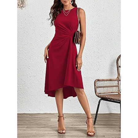 Lucky Life Kadın Sıfır Kollu Bisiklet Yaka Büzgülü Asimetrik Kesim Detaylı Janjan Krep Elbise