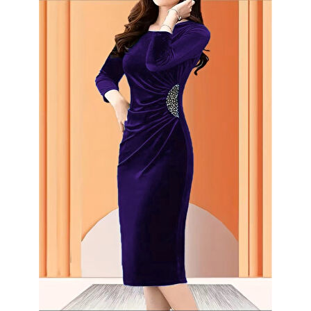 Lucky Life Kadın Uzun Kollu Bot Yaka Yanı Taş Detaylı Midi Kadife Elbise