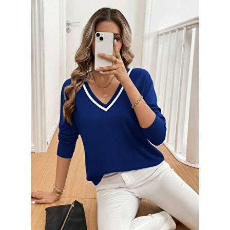 Lucky Life Kadın Uzun Kollu V Yakalı Viskon Iki Iplik Bluz