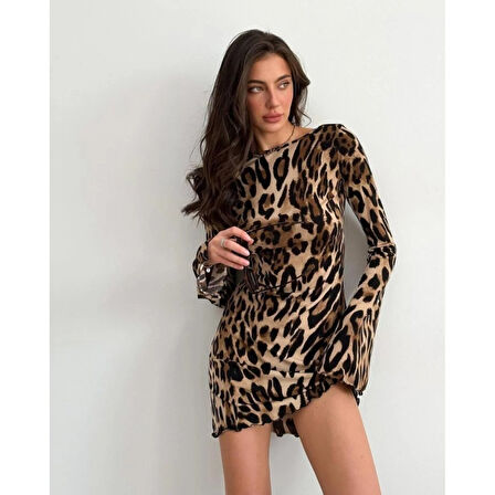 Lucky Life Kadın Uzun Kollu Sırtı Açık Bağlamalı Leopar Desenli Kısa Dalgıç Elbise