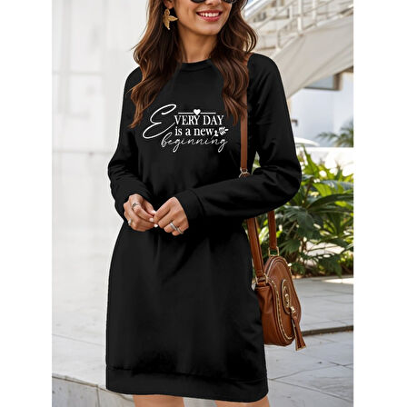 Lucky Life Kadın Uzun Kollu Bisiklet Yaka Kısa Viskon Iki Iplik Elbise