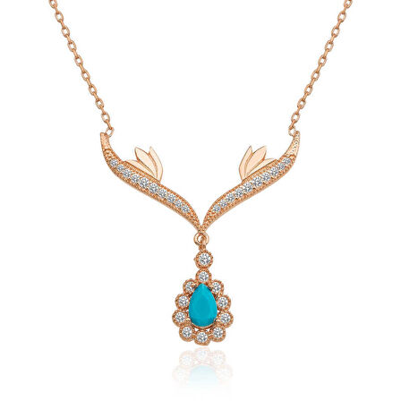 Gümüş Rose Turkuaz Taşlı Madalyon Kadın Kolye