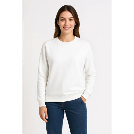 Lucky Life Üç İplik Düz Bisiklet Yaka SweatShirt - Beyaz