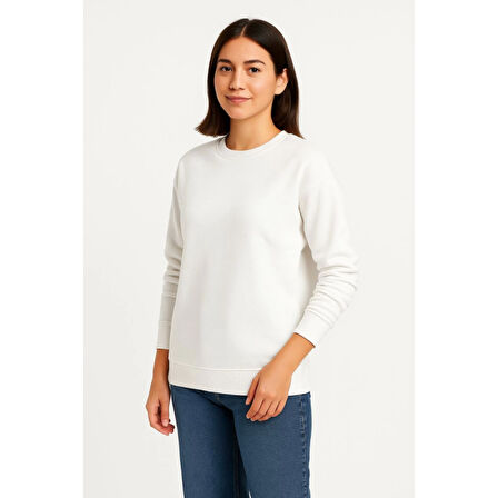 Lucky Life Üç İplik Düz Bisiklet Yaka SweatShirt - Beyaz