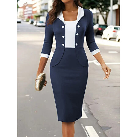 Lucky Life Kadın Truvakar Kol çift Renkli Düğmeli Kısa Ithal Krep Elbise