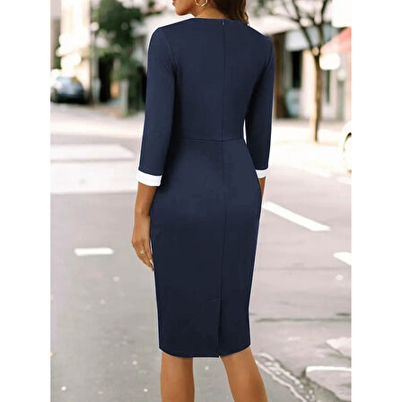 Lucky Life Kadın Truvakar Kol çift Renkli Düğmeli Kısa Ithal Krep Elbise