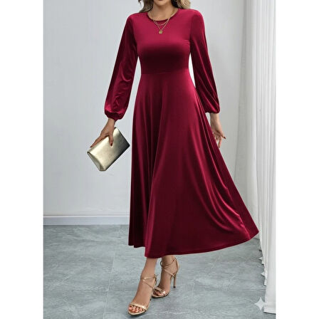 Lucky Life Kadın Uzun Kollu Bisiklet Yaka Midi Kadife Elbise