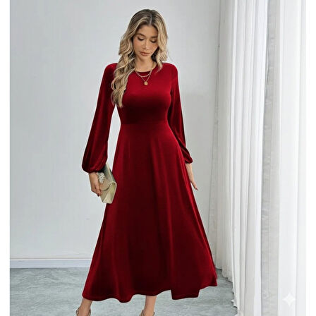 Lucky Life Kadın Uzun Kollu Bisiklet Yaka Midi Kadife Elbise