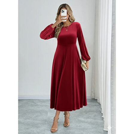 Lucky Life Kadın Uzun Kollu Bisiklet Yaka Midi Kadife Elbise