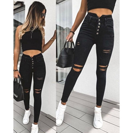 Lucky Life Kadın 5 Düğmeli V Detay Bel Yırtık Kot