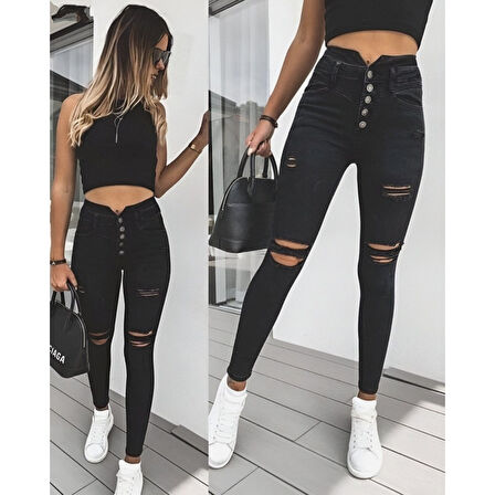 Lucky Life Kadın 5 Düğmeli V Detay Bel Yırtık Kot