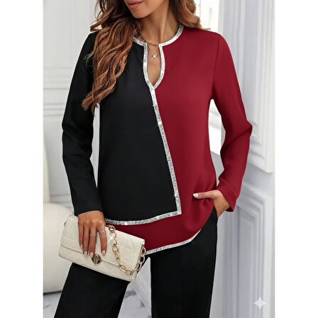 Lucky Life Kadın Uzun Kollu V Yakalı Pul Payet Işlemeli Ithal Krep Bluz