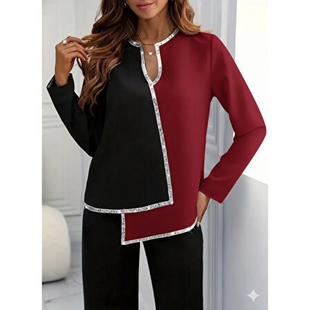 Lucky Life Kadın Uzun Kollu V Yakalı Pul Payet Işlemeli Ithal Krep Bluz