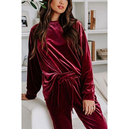 Lucky Life Kadın Uzun Kollu Yuvarlak Yakalı Kadife Bluz Ve Pantolon Takım