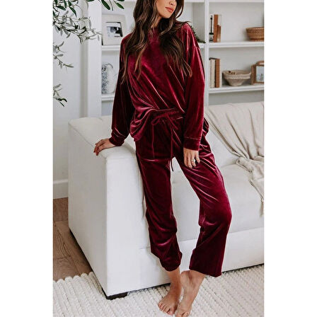 Lucky Life Kadın Uzun Kollu Yuvarlak Yakalı Kadife Bluz Ve Pantolon Takım