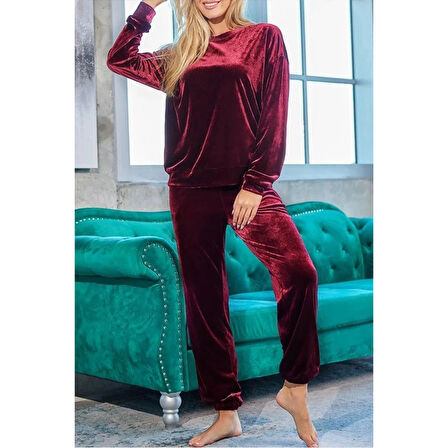 Lucky Life Kadın Uzun Kollu Yuvarlak Yakalı Kadife Bluz Ve Pantolon Takım