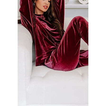 Lucky Life Kadın Uzun Kollu Yuvarlak Yakalı Kadife Bluz Ve Pantolon Takım