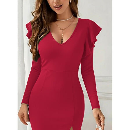 Lucky Life Kadın Uzun Kollu V Yakalı Yandan Yırtmaçlı Midi Ithal Krep Elbise