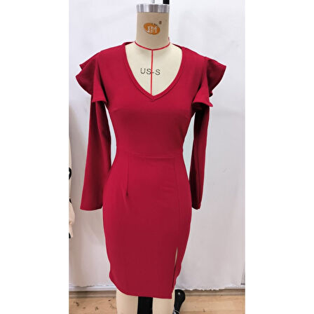 Lucky Life Kadın Uzun Kollu V Yakalı Yandan Yırtmaçlı Midi Ithal Krep Elbise