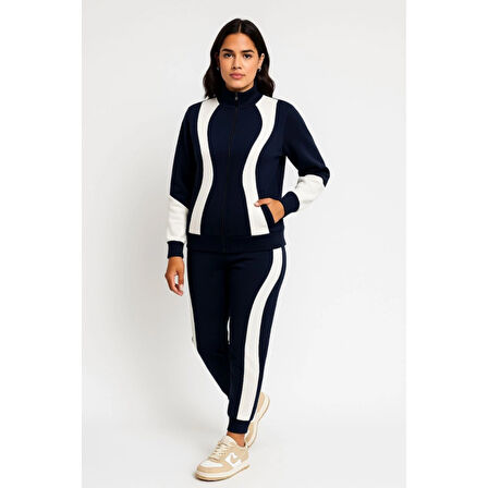 Premium Parçalı Eşofman Takım - Dik Yaka Fermuarlı Sweatshirt - Siyah