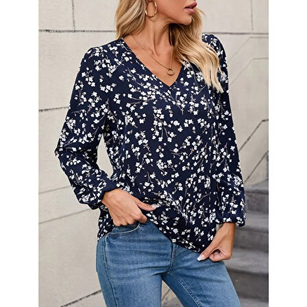 Lucky Life Lucky Life Kadın Uzun Kollu V Yakalı çiçek Desenli Modal Bluz