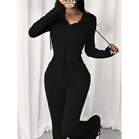 Lucky Life Kadın Uzun Kollu Kapşonlu Bağcıklı önü Fermuarlı Viskon Iki Iplik Bluz Ve Pantolon Ikili Takım