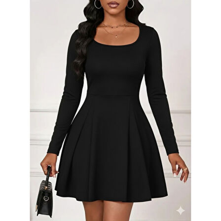 Lucky Life Kadın Uzun Kollu Kare Yakalı Mini Ithal Krep Elbise