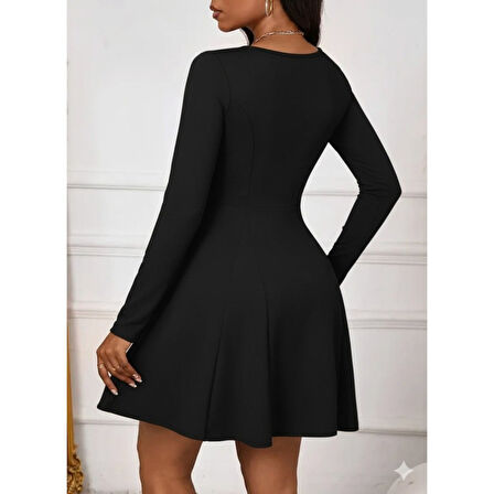 Lucky Life Kadın Uzun Kollu Kare Yakalı Mini Ithal Krep Elbise