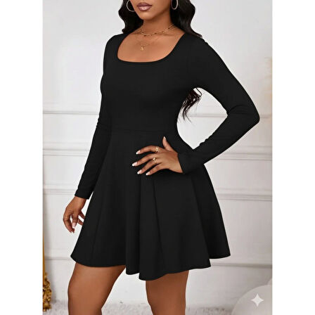 Lucky Life Kadın Uzun Kollu Kare Yakalı Mini Ithal Krep Elbise