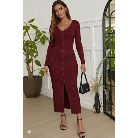 Lucky Life Lucky Life Kadın Uzun Kollu V Yakalı önden Düğmeli şardonlu Kaşkorse Elbise