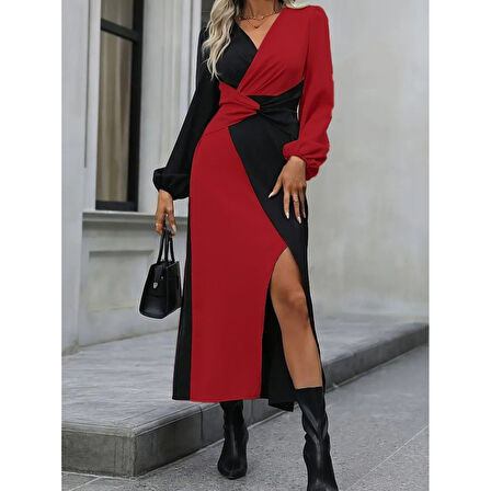 Lucky Life Kadın Uzun Kollu Kruvaze Yakalı Belden çapraz Detaylı çift Renkli Midi Ithal Krep Elbise