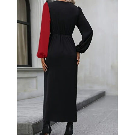 Lucky Life Kadın Uzun Kollu Kruvaze Yakalı Belden çapraz Detaylı çift Renkli Midi Ithal Krep Elbise