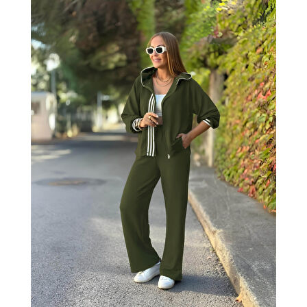 Lucky Life Kadın Uzun Kollu Kapşonlu Onu şerit Detaylı Fermuarlı Viskon Iki Iplik Bluz Ve Pantolon Ikili Takım