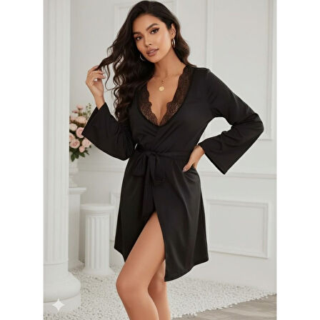 Lucky Life Kadın Uzun Kollu Dantel Yakalı Belden Kuşaklı Viskon Gecelik