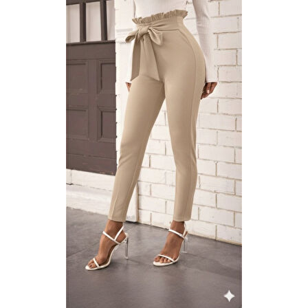 Lucky Life Kadın Yüksek Bel Beli Fırfırlı önden Bağlamalı Ithal Krep Pantolon