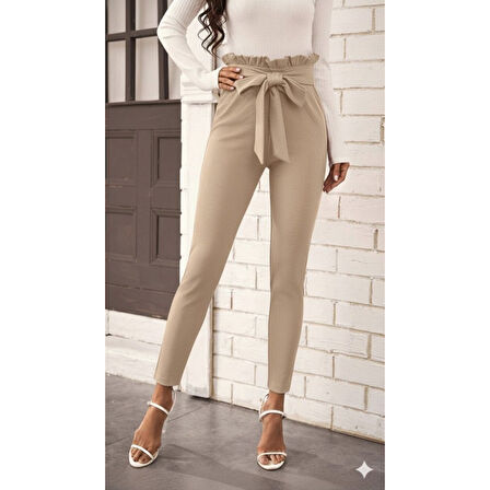 Lucky Life Kadın Yüksek Bel Beli Fırfırlı önden Bağlamalı Ithal Krep Pantolon