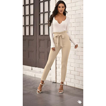 Lucky Life Kadın Yüksek Bel Beli Fırfırlı önden Bağlamalı Ithal Krep Pantolon