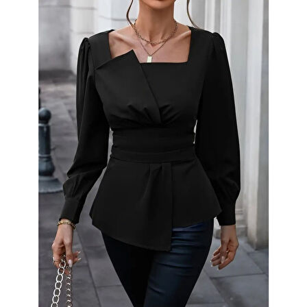 Lucky Life Kadın Uzun Kollu Geometrik Yakalı Belden Oturmalı Ithal Krep Bluz