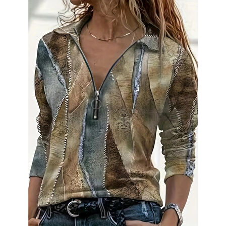 Lucky Life Kadın Uzun Kollu önden Fermuarlı Iki Iplik Bluz