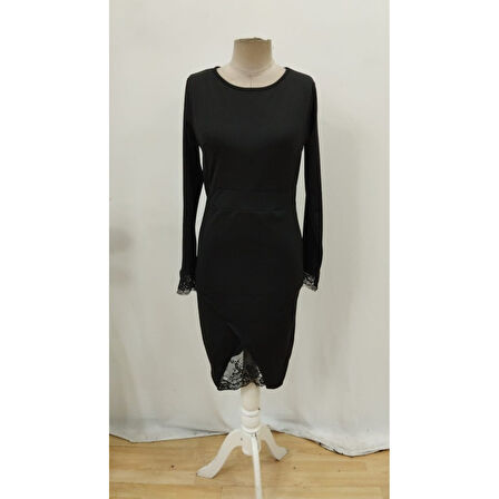 Lucky Life Kadın Uzun Kollu Bisiklet Yaka önden Dantel Ve Yırtmaç Detaylı Dalgıç Elbise