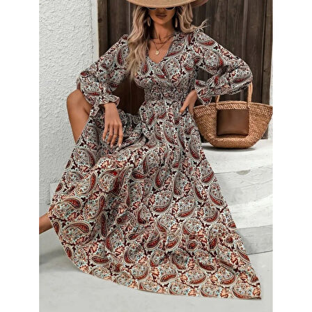 Lucky Life Kadın Uzun Kollu V Yakalı Beli Lastikli Desenli Süprem Elbise