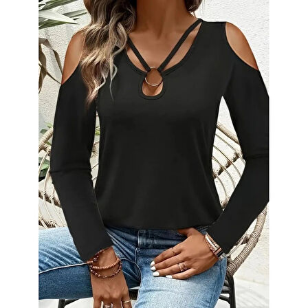 Lucky Life Kadın Omuzlardan Açık Uzun Kollu Yakadan Halka şerit Detaylı Viskon Bluz