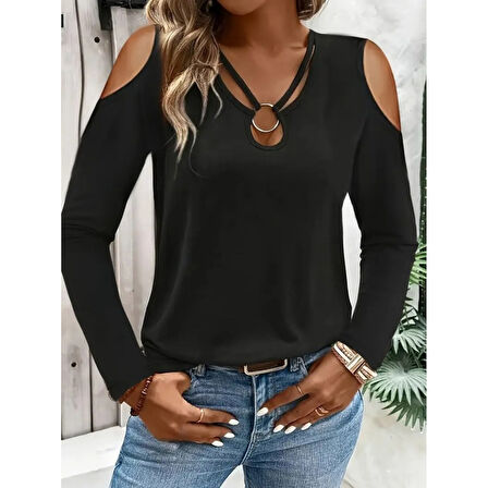 Lucky Life Kadın Omuzlardan Açık Uzun Kollu Yakadan Halka şerit Detaylı Viskon Bluz