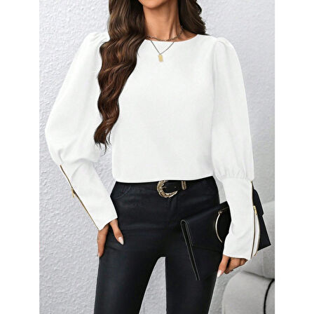 Lucky Life Kadın Uzun Kollu Bisiklet Yaka Fermuar Detaylı Ithal Krep Bluz